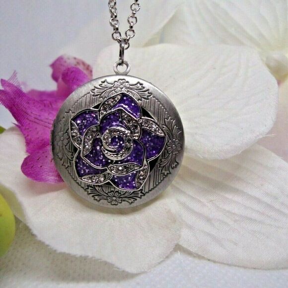 Rhinestone Rose Purple Silver Locket Necklace Rnd - Picture 2 of 8